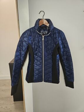 GUESS Women's Navy Quilted Puffer Jacket with Black Panels